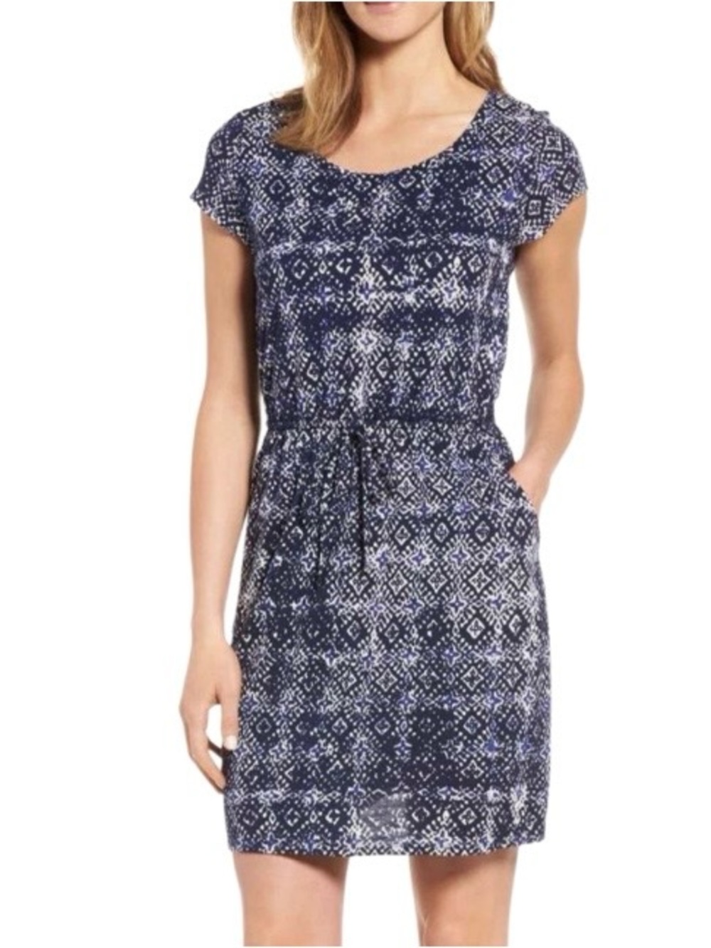 Lucky Brand Blue Geometric Tile Print‎ Drawstring Waist Dress Short Sleeve Lined